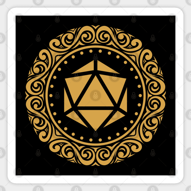 Monogram Polyhedral D20 Dice Emblem Gold Tabletop RPG Gaming Sticker by pixeptional